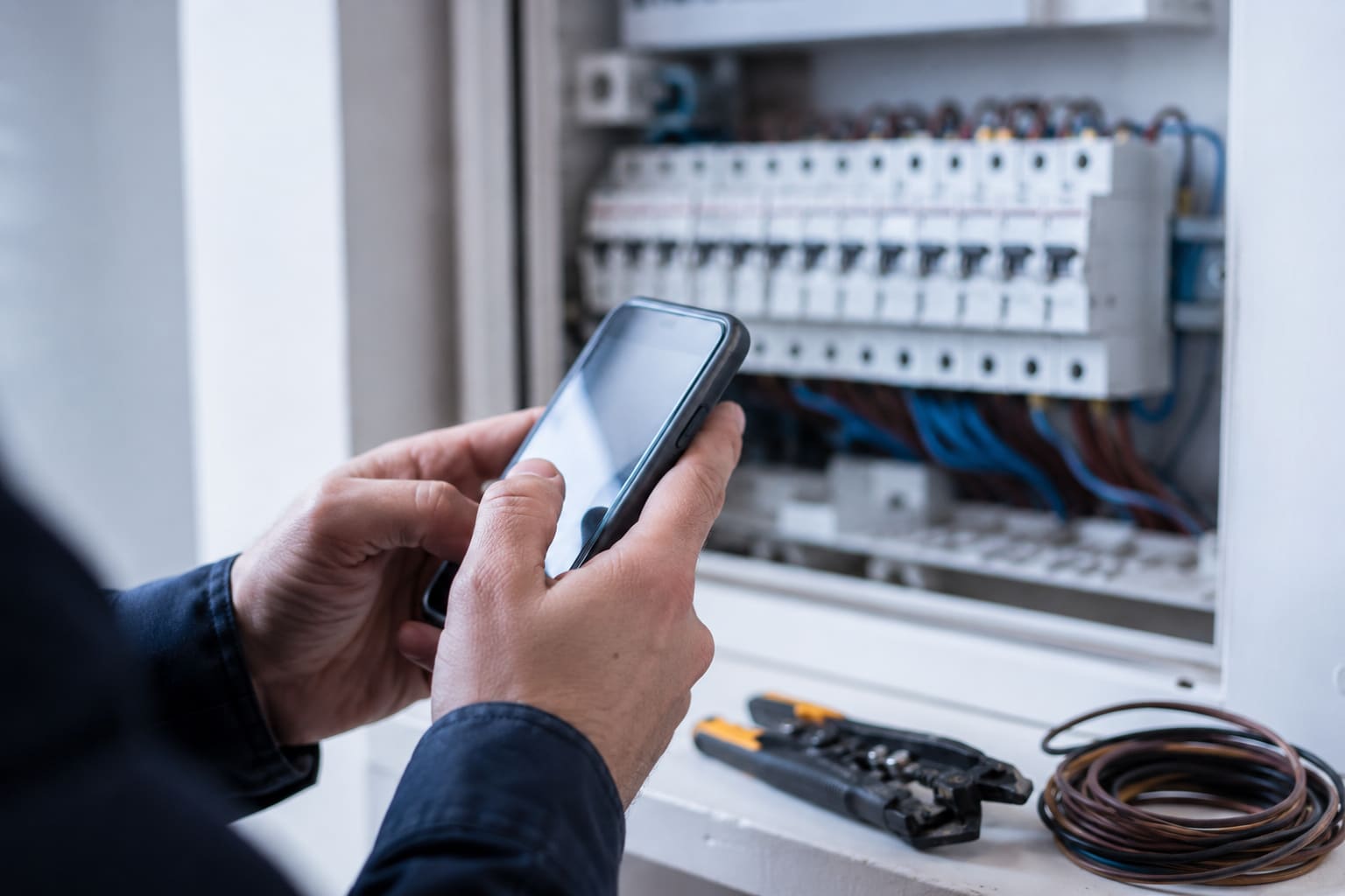 Elektriker hält vor einem offenen Zählerschrank ein Smartphone in der Hand