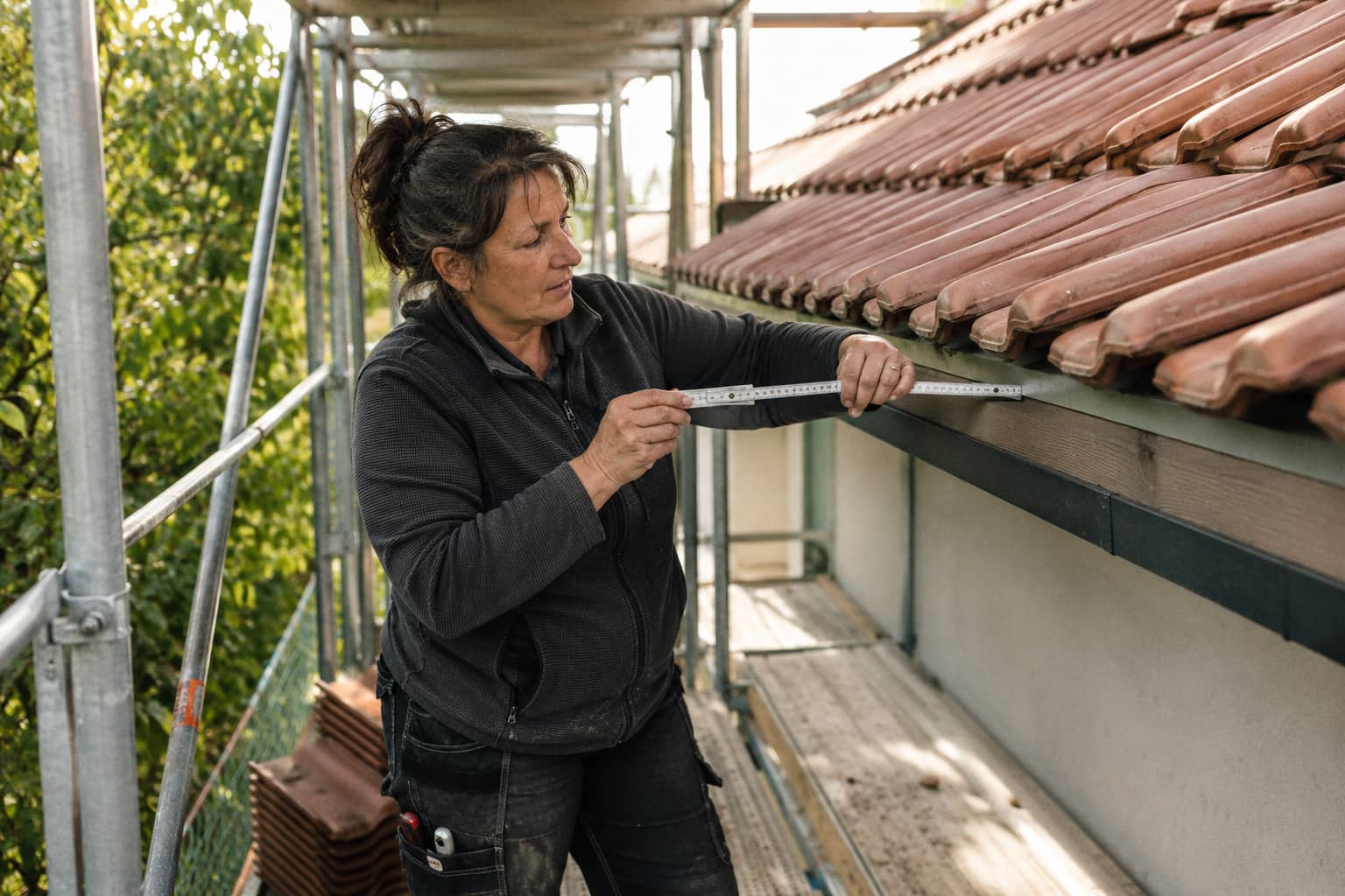 Dachdeckerin misst vom Gerüst aus den Dachüberstand mit dem Zollstock