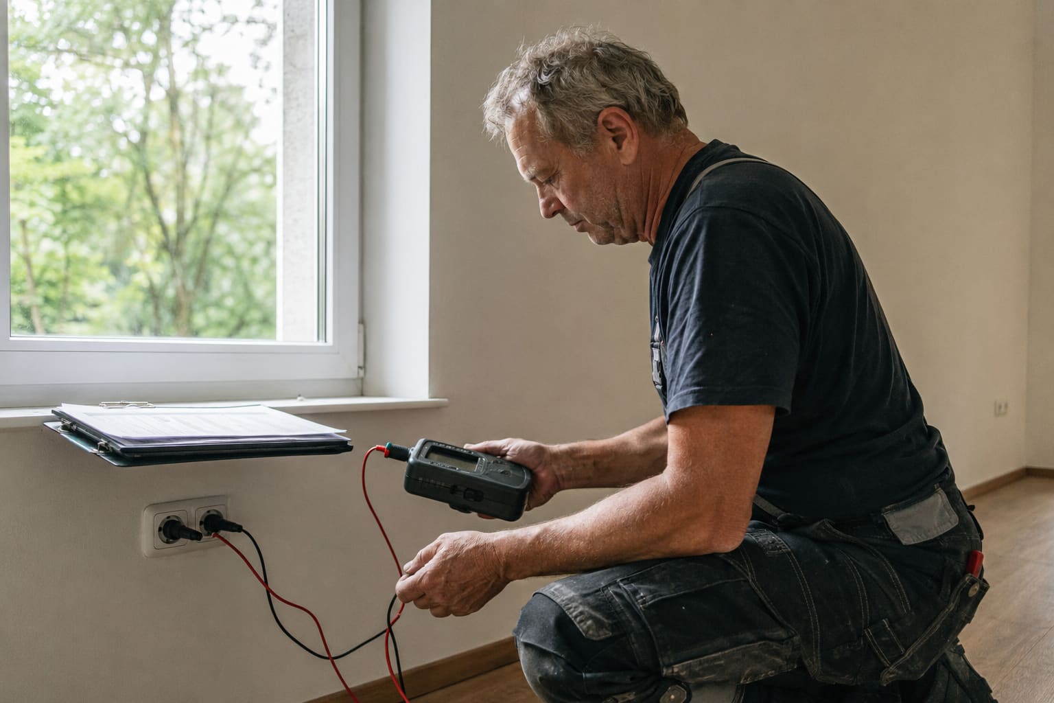 Elektriker prüft eine Steckdose mit einem Installationstester