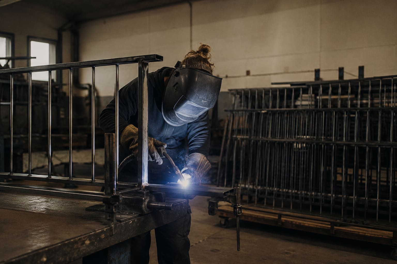 Metallbauerin schweißt im Betrieb ein Geländerteil