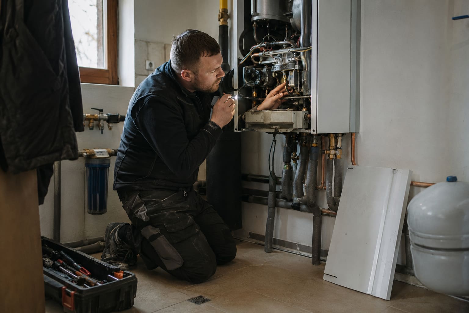 Heizungsmonteur kniet vor einer geöffneten Gastherme und prüft ein Bauteil