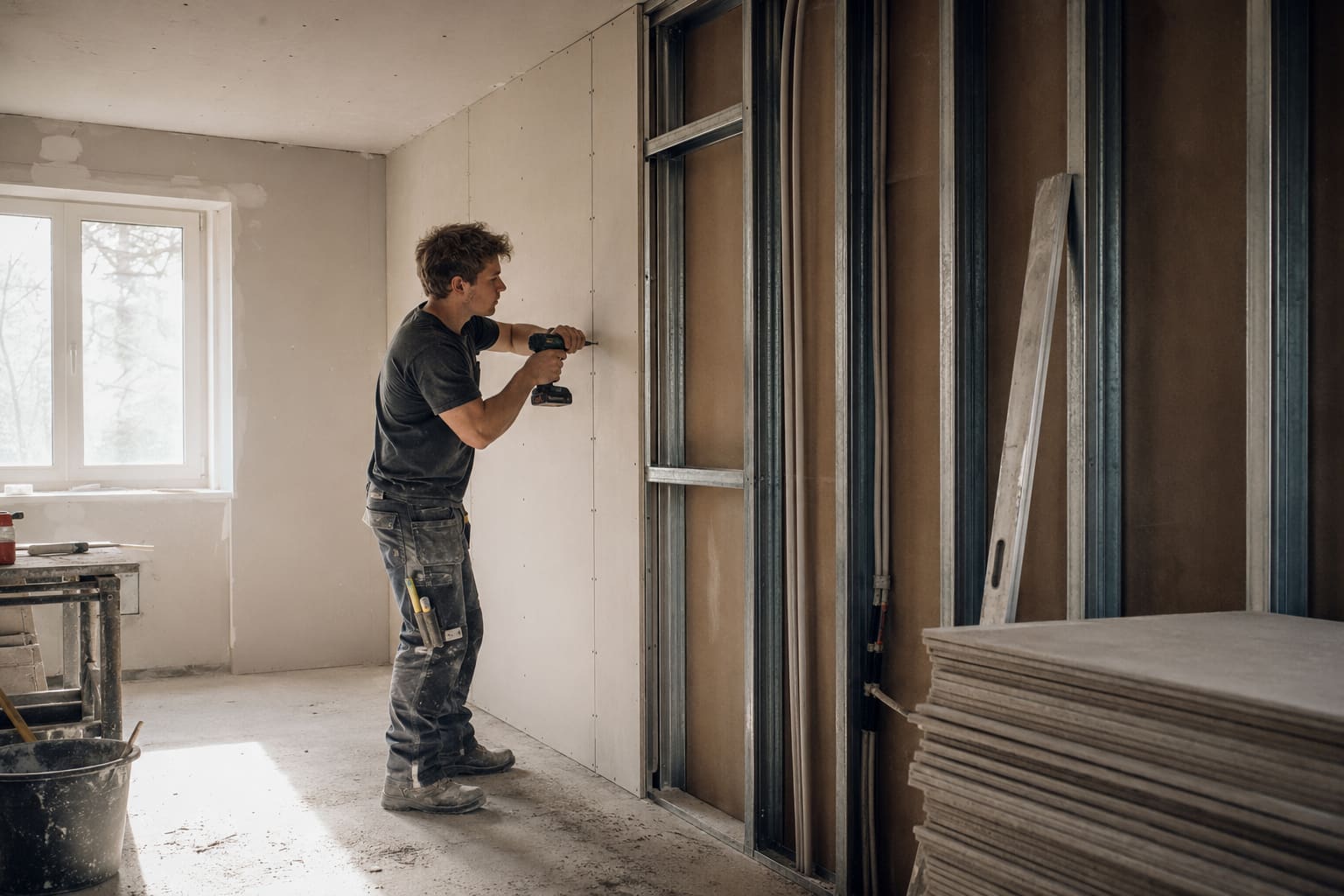 Trockenbauer verschraubt eine Gipsplatte auf dem Ständerwerk