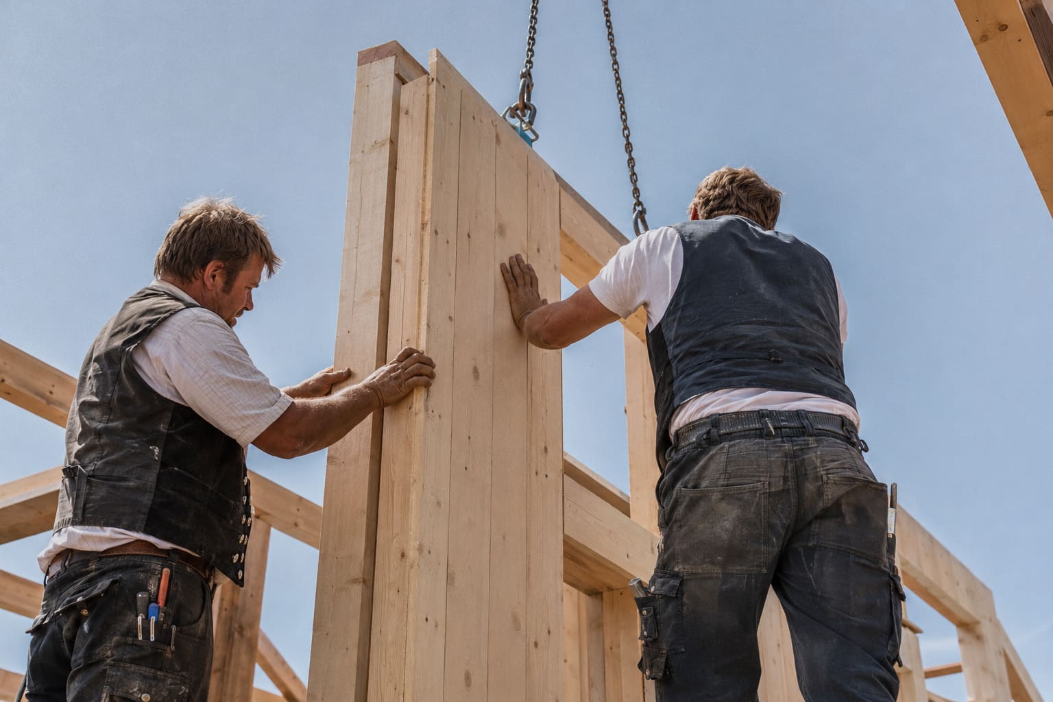 Zwei Zimmerer führen ein vorgefertigtes Holzelement am Kranhaken in Position