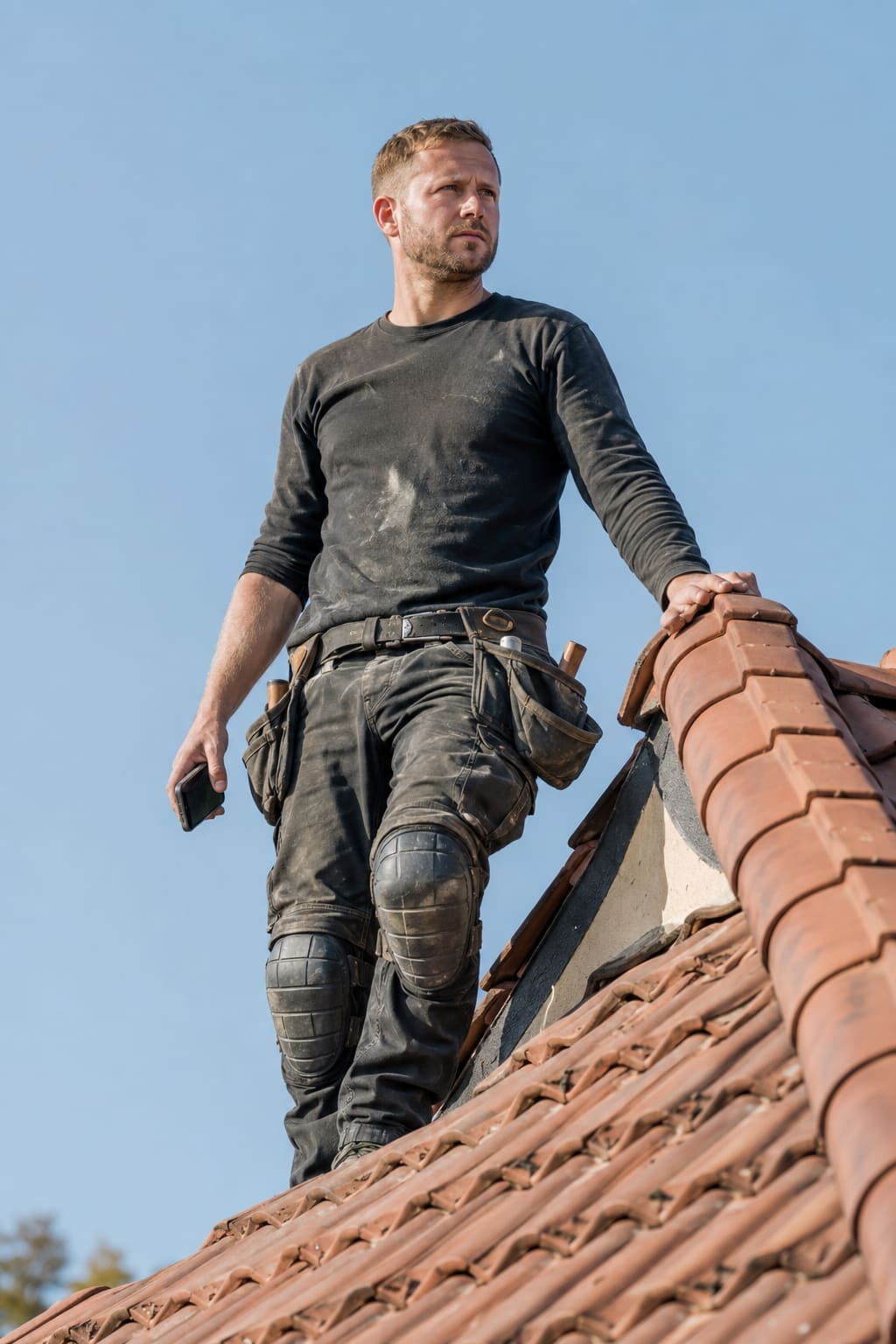 Dachdecker steht auf einem Ziegeldach und hält sein Smartphone in der Hand