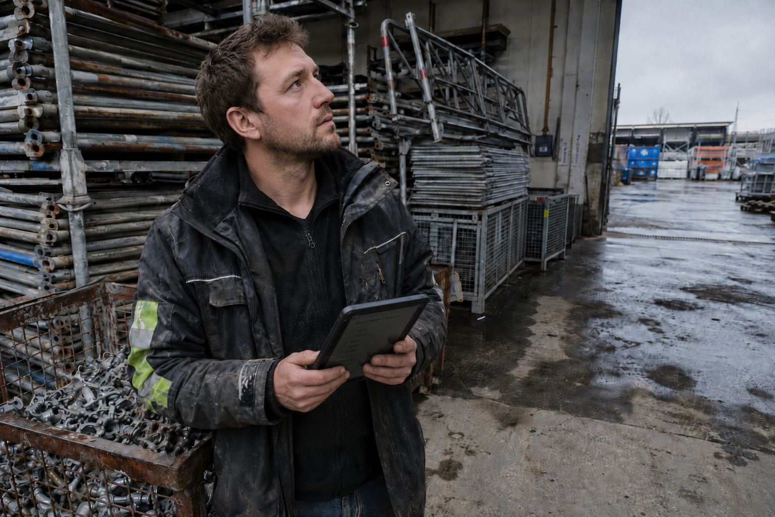 Gerüstbauer prüft im Lager Unterlagen auf einem Tablet