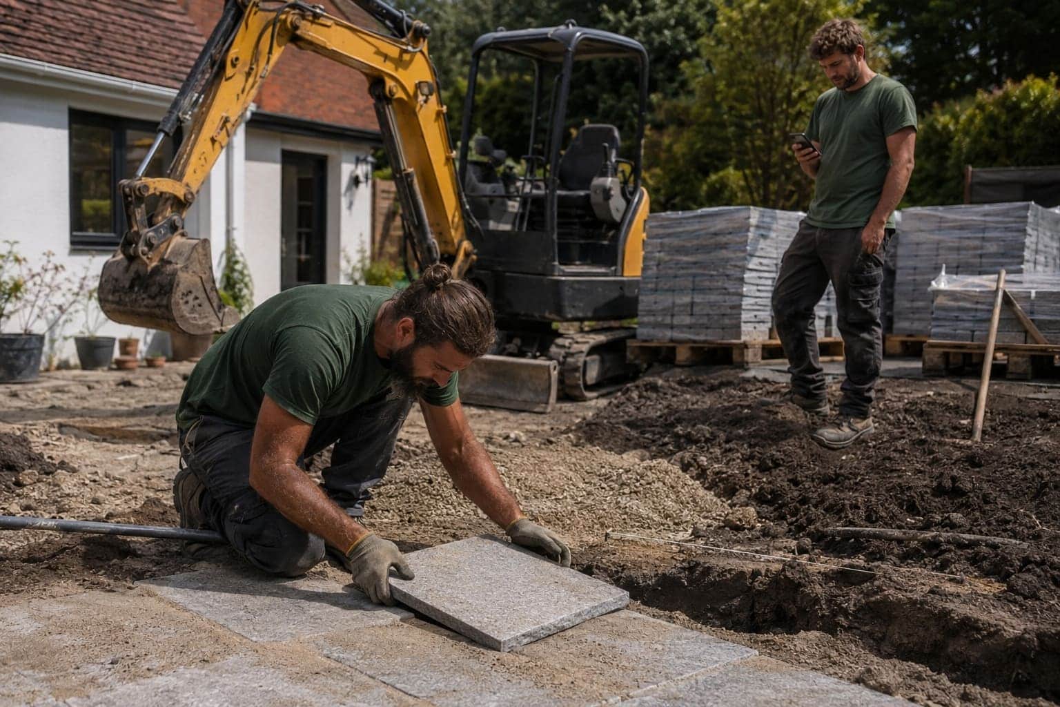 Zwei Garten- und Landschaftsbauer setzen gemeinsam Pflastersteine auf einer Baustelle