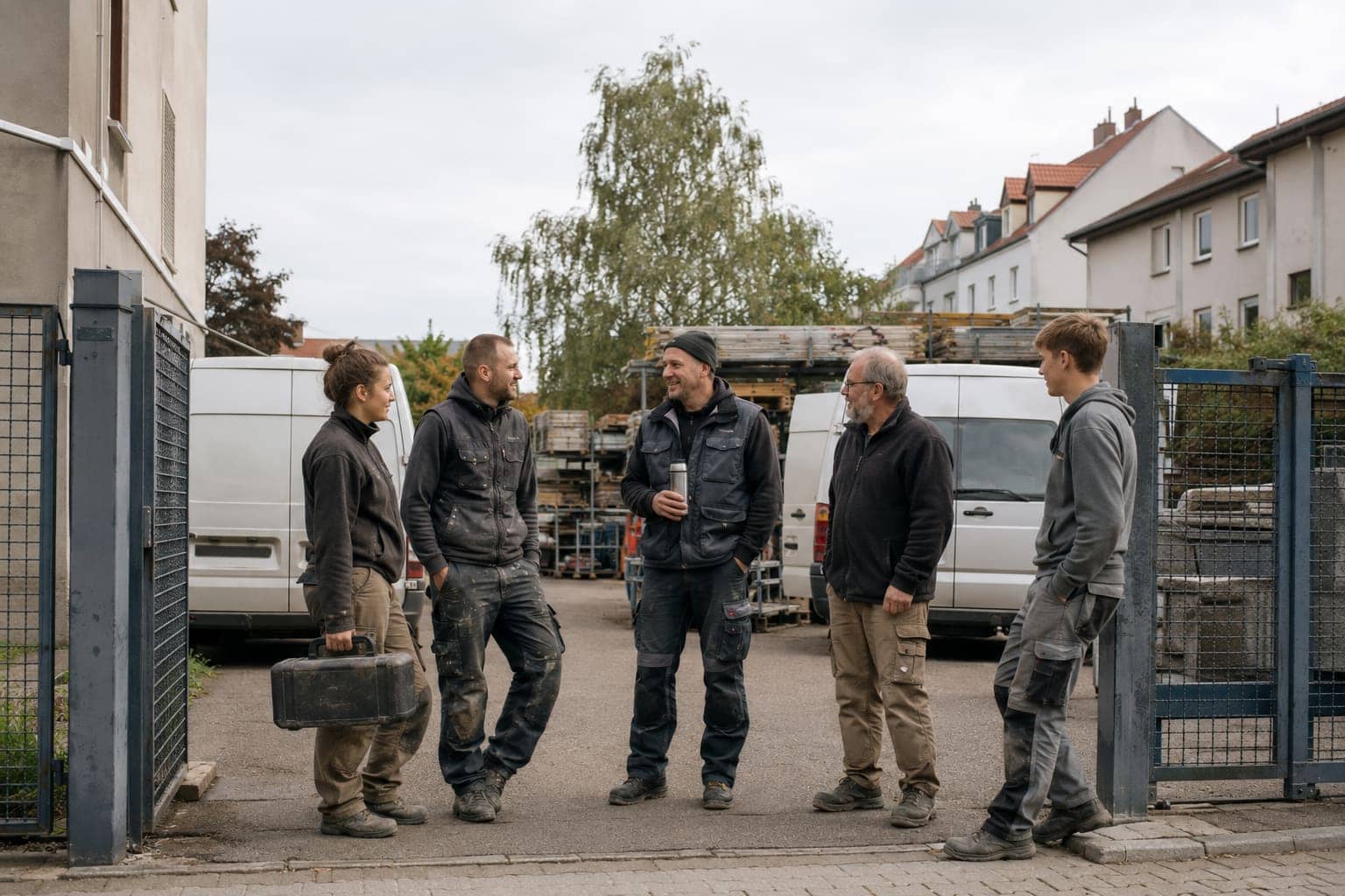 Handwerks-Crew aus verschiedenen Gewerken steht morgens am Tor des Betriebshofs zusammen