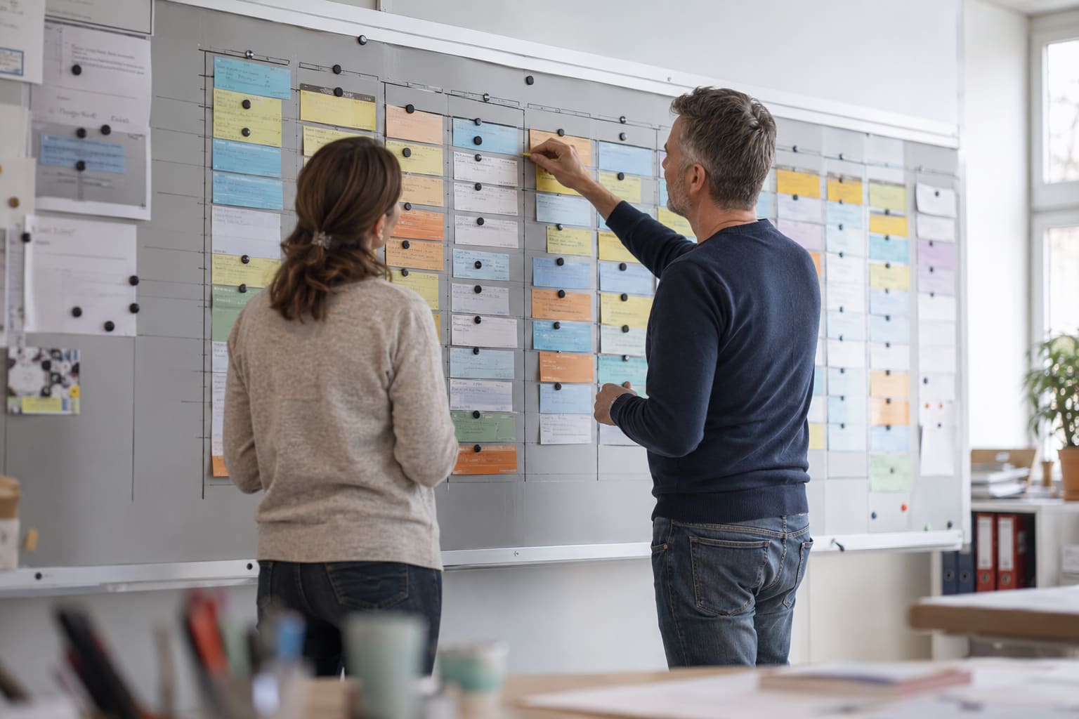 Zwei Mitarbeitende ordnen Aufträge an einer magnetischen Plantafel