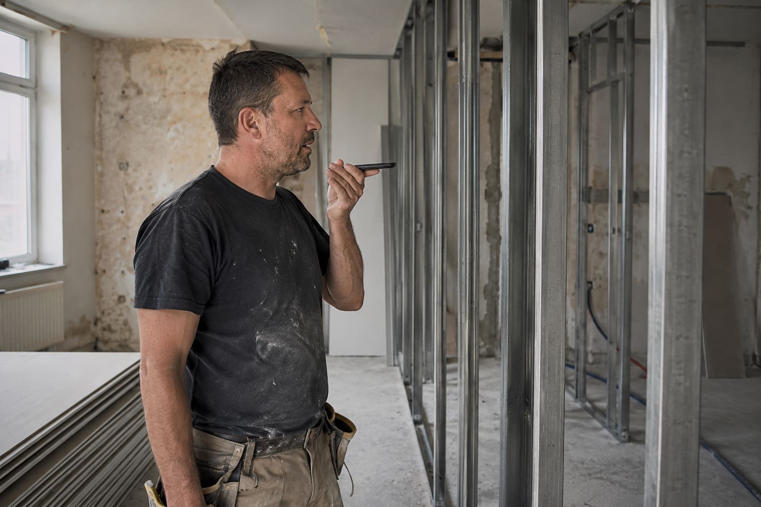Trockenbauer spricht in einer entkernten Wohnung einen Auftrag in sein Smartphone