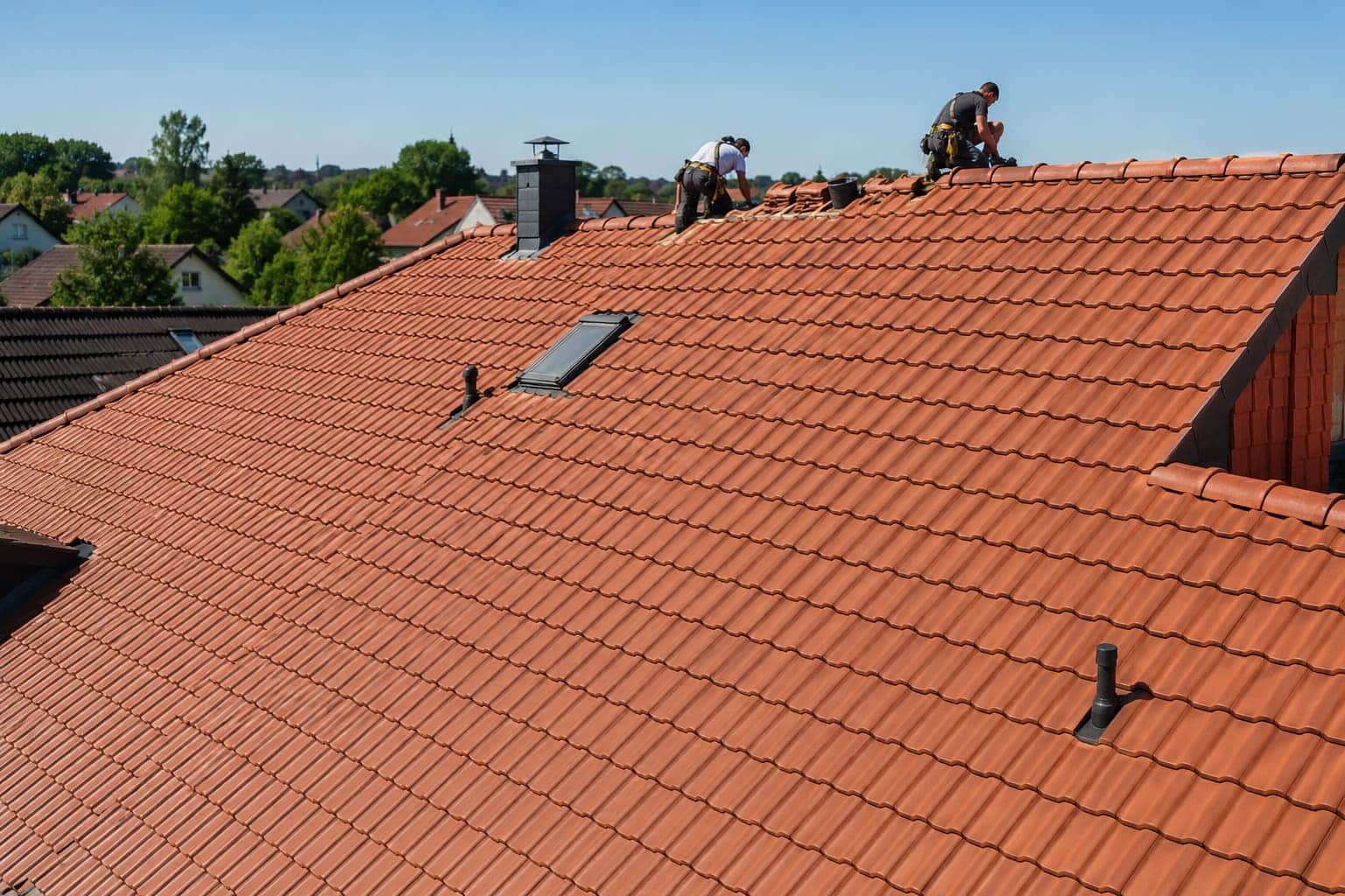 Blick über ein großes Ziegeldach, auf dem zwei Dachdecker am First arbeiten