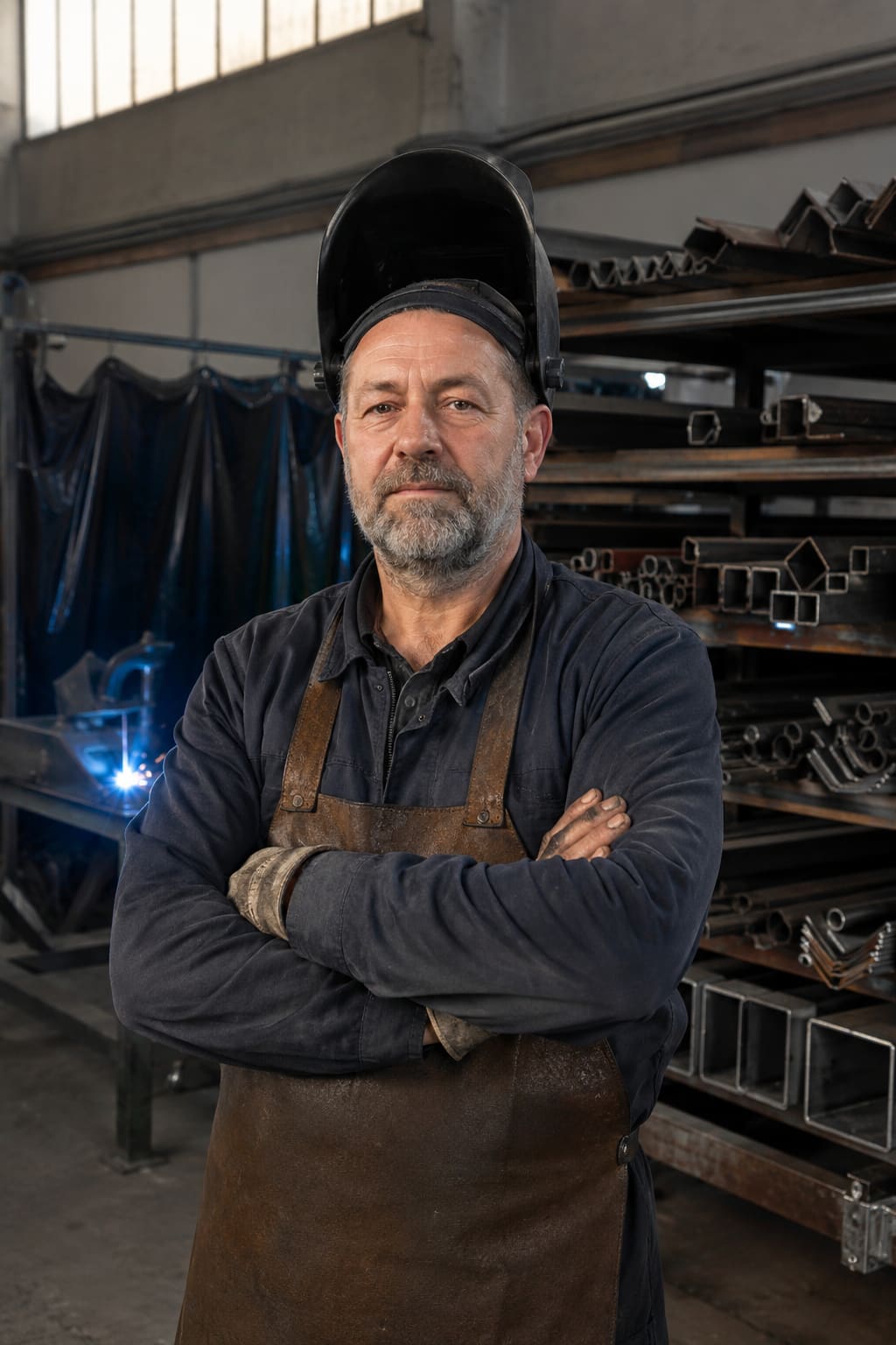 Metallbaumeister steht mit hochgeklapptem Schweißhelm in seiner Werkstatt